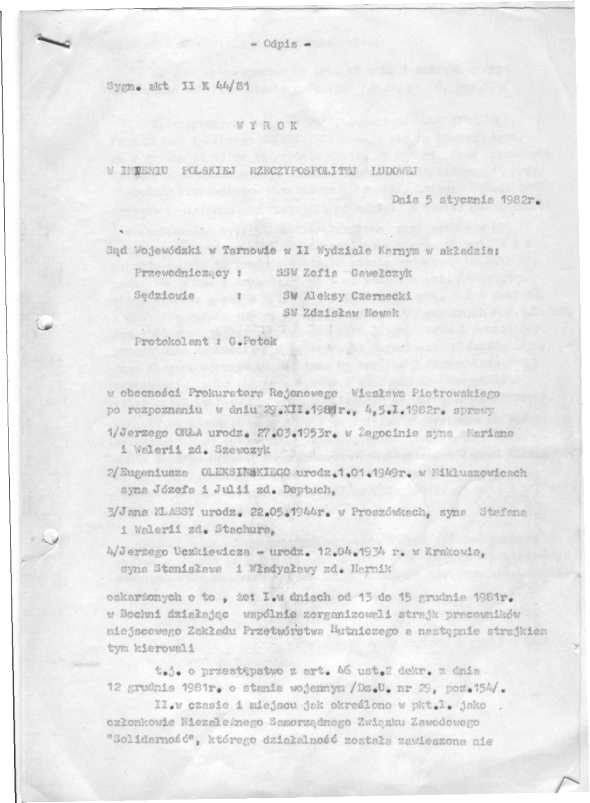 Wyrok J. Klassa, J. Orzeł, E. Oleksiński, J. Uczkiewicz