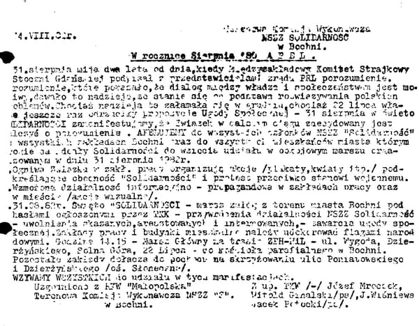 Ulotka TKW Bochnia, nawołująca do obchodów II rocznicy powstania „Solidarności” – sierpień 1982 r.